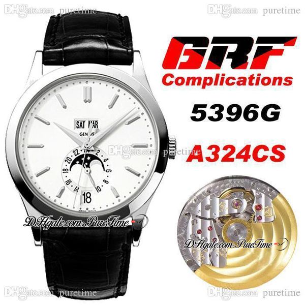 

grf complications annual calendar 5396g a324cs automatic mens watch 40mm white dial stick markers moon phase black leather strap super editi, Slivery;brown