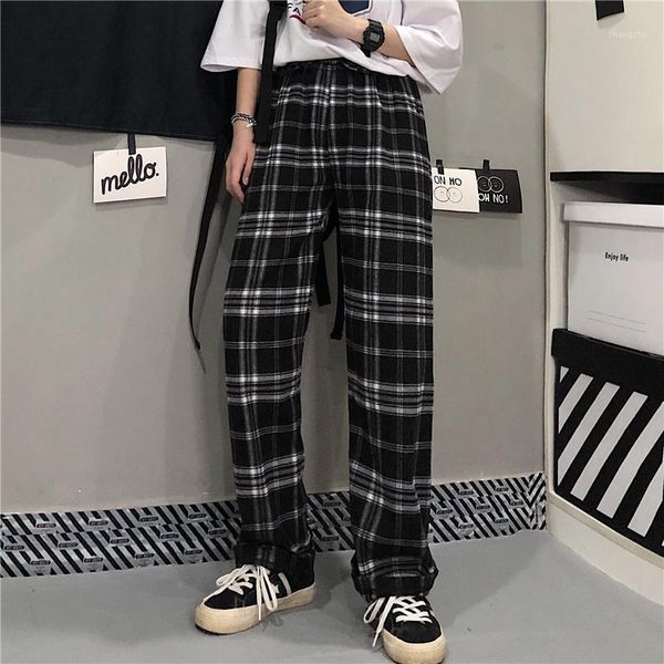

women's pants & capris summer korea ulzzang loose casual fashion punk female plaid large size trousers hip-hop vintage fun ins couple, Black;white