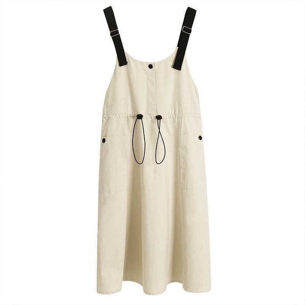 

perhaps u apricot black light green strapless strap sleeveless pocket drawstring knee length strap dress d1689 210529, Black;gray