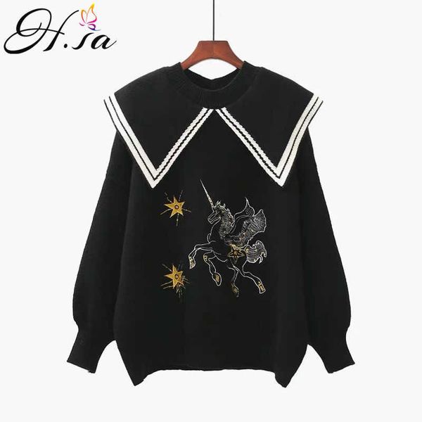 H.SA Winterkleidung Frauen Kawaii Pullover und Pull Jumper Schwarz Weiß Cartoon Einhorn Stickerei Pull Femme Hiver 210716