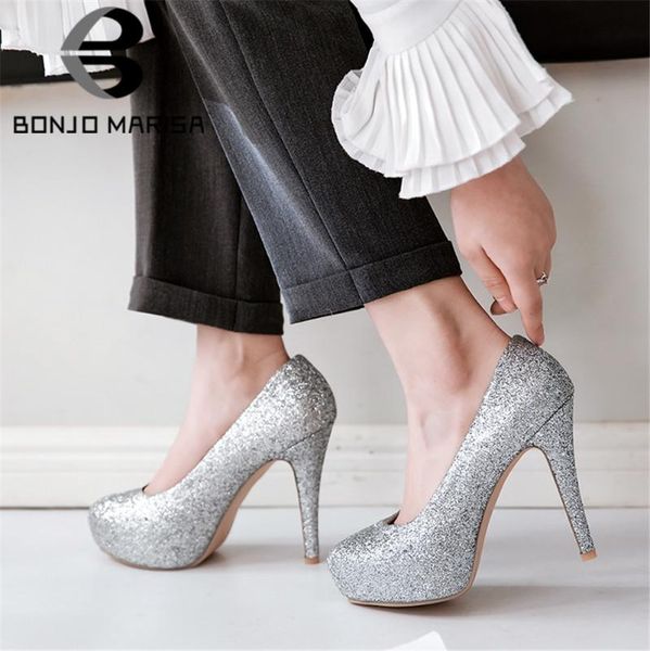 

dress shoes bonjomarisa classic female party shining glitters evening pumps women high heels bridal woman, Black