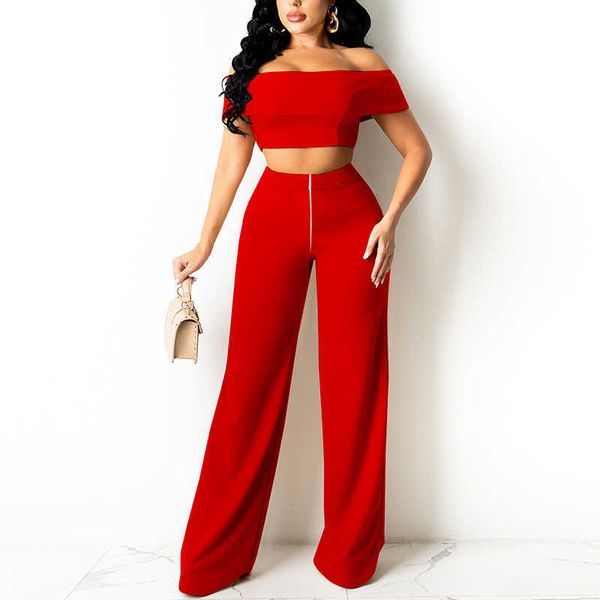 

two piece summer elegant suits off shoulder crop & wide leg pants set 210702, White
