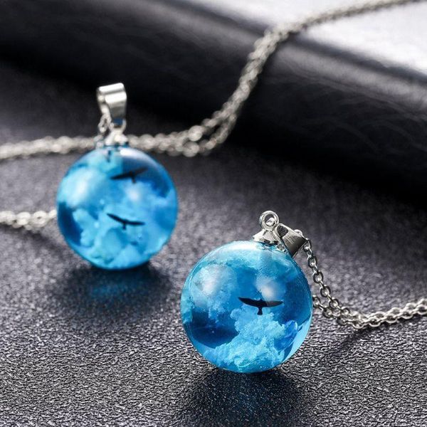

pendant necklaces handmade white clouds blue sky eagle inside resin glass ball universal necklace fashion jewelry, Silver