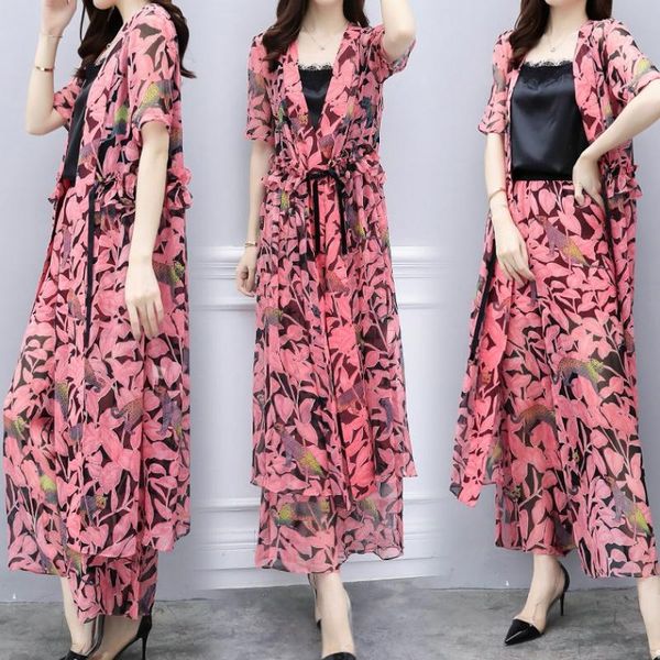 

two piece dress floral print women 2 set and pants chiffon outfits cardigan women's suit ensemble femme survetement, White