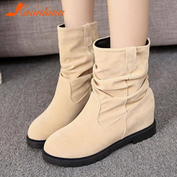 

boots 2021 fashionable slip-on pleated toe round flock ankle multicolor autumn height increasing square thick heels, Black
