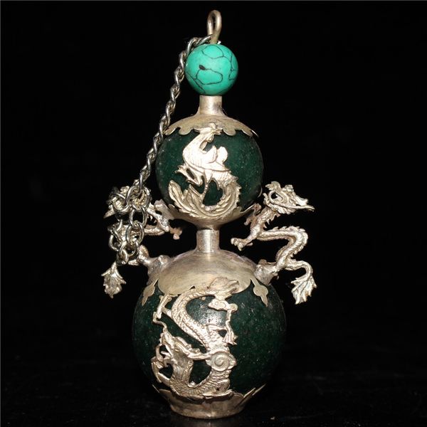 

chinese old craft package silver dragon green jade snuff bottle, Brown
