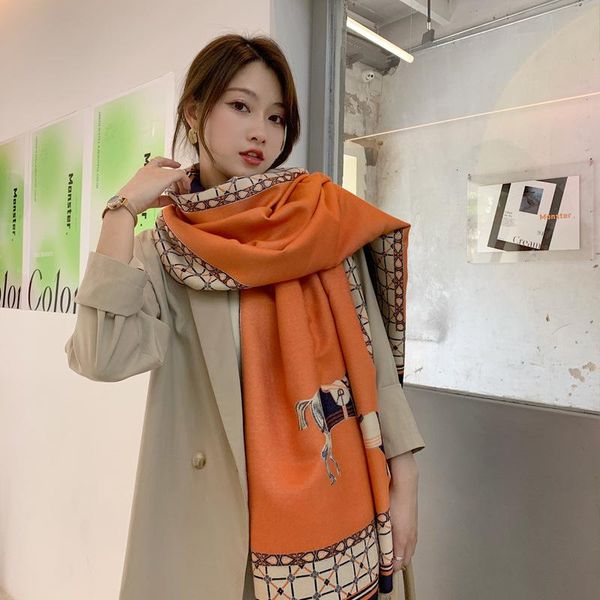 

scarves thick horse letter cashmere scarf winter women pashmina shawls warm blanket wraps female foulard bandana, Blue;gray