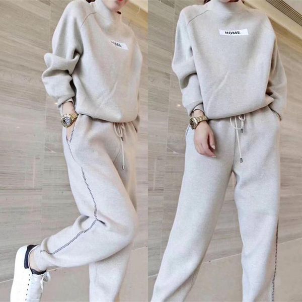 

two piece dress 2021 autumn winter woolen and cashmere knitted warm suit o collar sweater + harem pants loose style two-piece set women knit, White
