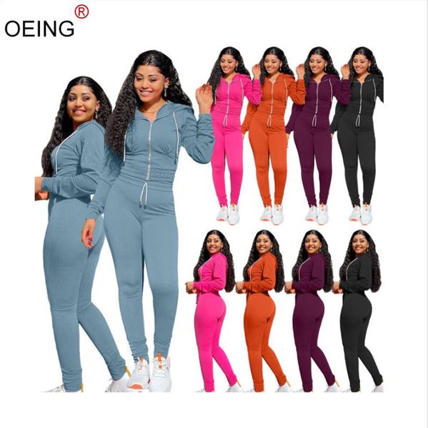 

women's two piece pants women tracksuits jacket set fall winter solid color outfits hooded long sleeve sportswear casual zipper 2 sets, White