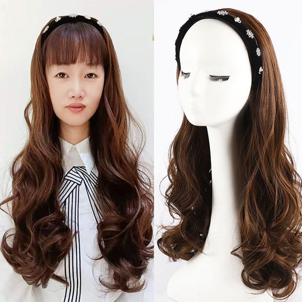 

big xuchang hairband detachable wave female long curly wig cover, Black;brown