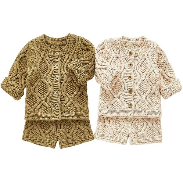 

clothing sets toddler girls boys suit twist autumn children baby knit sweater cardigan + shorts clothes, White