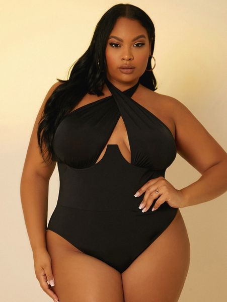 

sxy plus cross wrap tie backless halter bodysuit j3bi#, Black