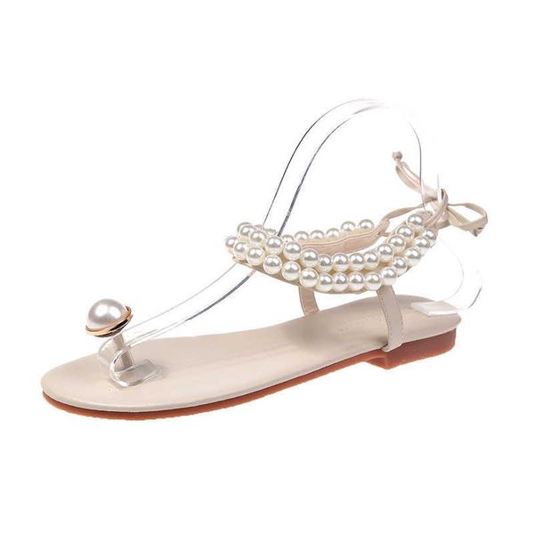 

pearl flip flops flats shoes summer women new string bead lace-up sandals ladies bohemian beach sandals concise casual sandals y0721, Black