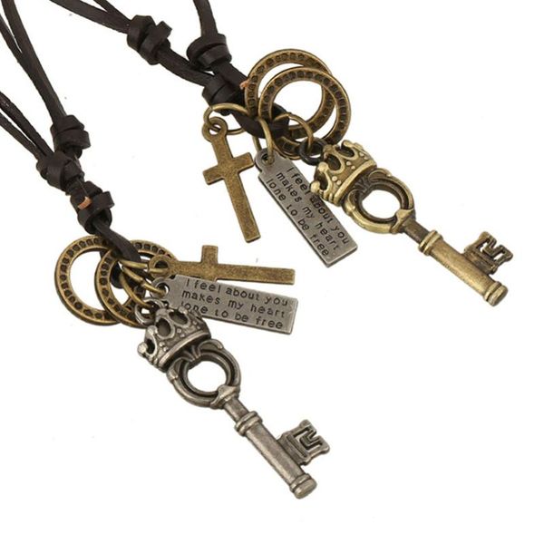 

black leather alloy metal boho gypsy hippie punk cow crown key cross round letter tag charms wrap adjust men pendant necklace necklaces, Silver