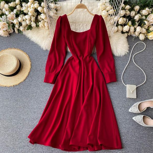 

casual dresses women fashion 2021 autumn retro square collar high waist thin dress lady long sleeve solid color elegant vestidos p716, Black;gray