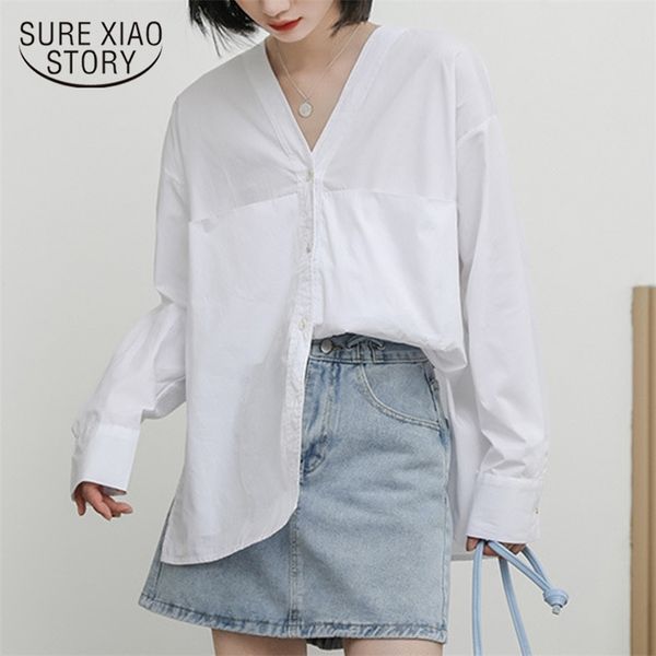 

spring korean loose long sleeve shirt simple solid cotton v-neck niche women white blouse blue blusas chic 12600 210421