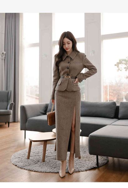 

two piece dress spring set elegant women woolen long sleeve jacket coat + bodycon buttons skirt ig9e, White