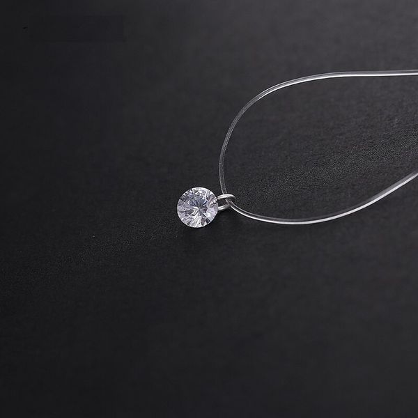 Linha de pesca transparente invisível curta cadeia pingente gravado para mulheres jóias presente de prata brilho colar de zircão