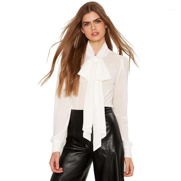 

women's dress deep v lace-up bow long sleeve shirt chiffon blouse women s streetwear blouses & shirts, White