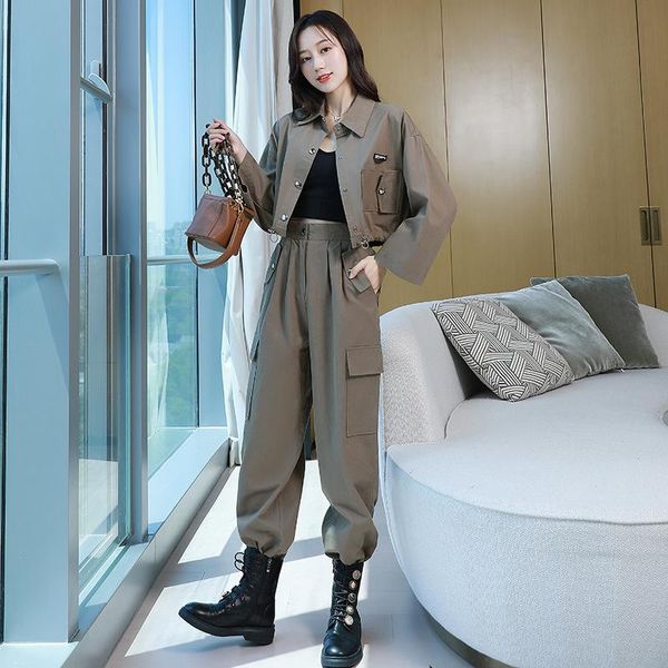 

women's two piece pants 2021 spring autumn coffee color safari style set female korean fashion drawstring casual cargo, White