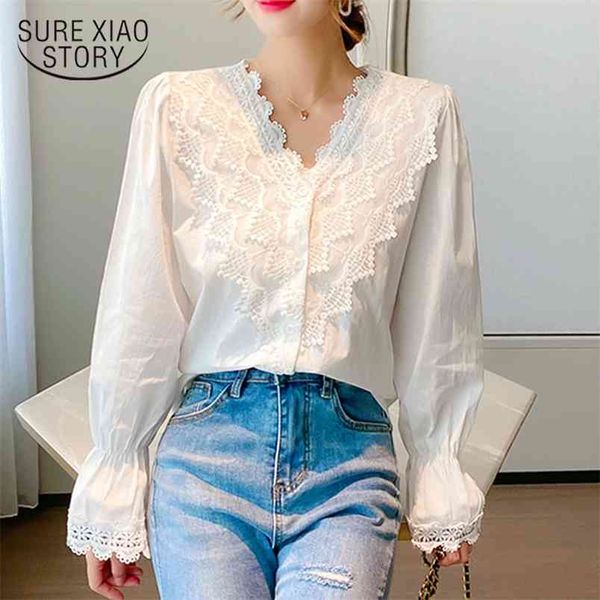 

lace shirt plus size white women vintage blouses autumn long sleeve v-neck pullover blusas office lady 11127 210421