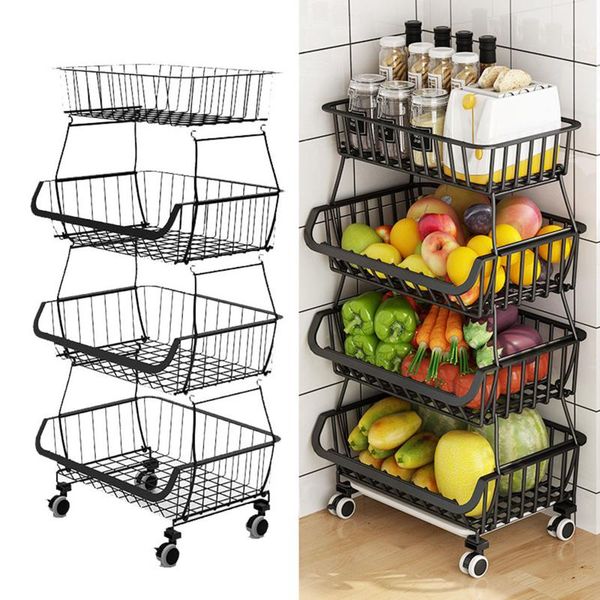 

storage baskets 4-tier kitchen fruit vegetable rack on wheels deep stand cart trolley bathroom washroom shelving basket
