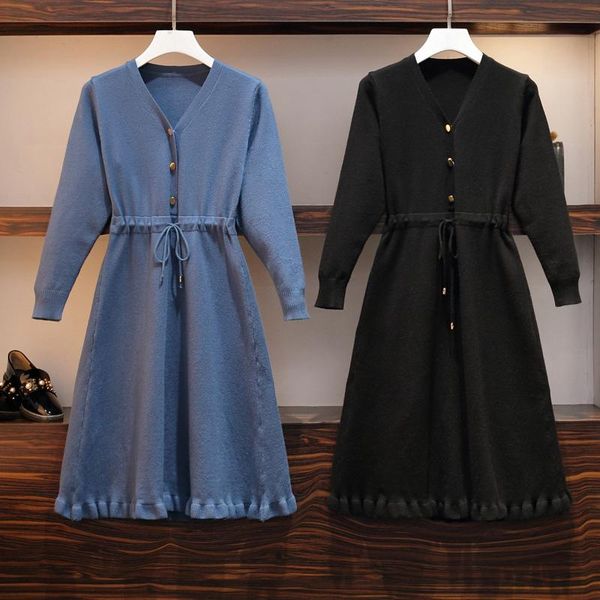 

casual dresses l-4xl plus size knitted dress long sleeve patchwork pleated women waist loose female ol style oversize, Black;gray