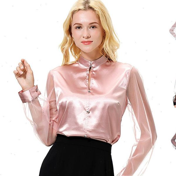

imitation silk long mesh sleeve womens blouses button down work office fashion, White