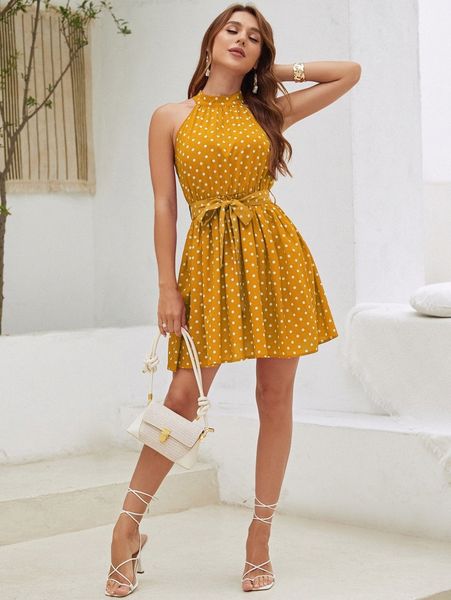 

polka dot keyhole back belted dress 54ft#, Black;gray