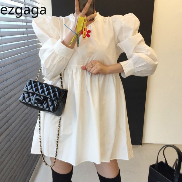 

ezgaga ball gown dress women korean chic loose solid puff sleeve o-neck lovely high waist dress spring fashion vestidos 210430, Black;gray