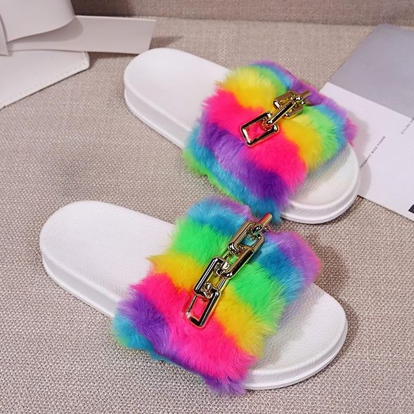 

slippers rainbow chain faux fur fluffy sandals slides fashion shoes zapatillas de mujer 2021 ytmtloy indoor sapato feminino hous, Black