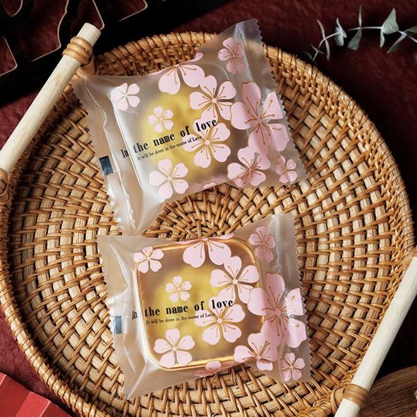 

gift wrap 100pcs/lot transparent frosted pink flowers falling pattern simple style mid-autumn festival decoration baked goods diy bag