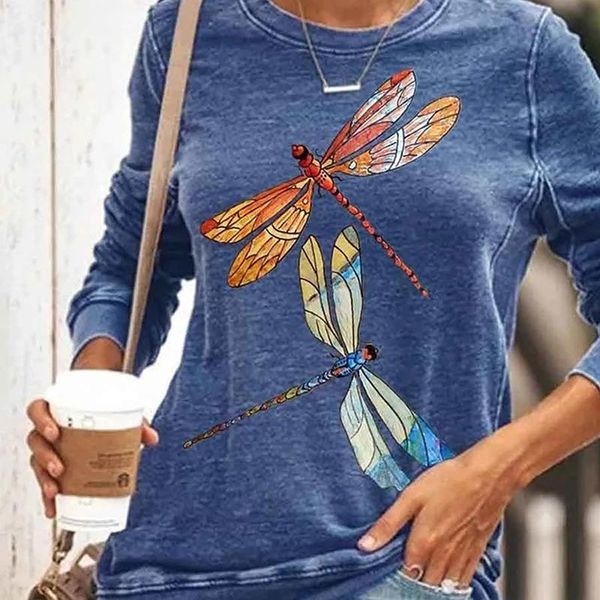 

women's t-shirt ladies casual pullovers retro women animal printed long sleeve dragonfly tshirts simple female t shirt, White