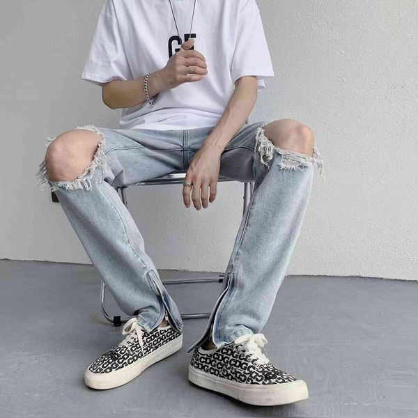 

raf high street vibe wind niche wash knife cut broken double stitching hole slim fitting jeans, Blue