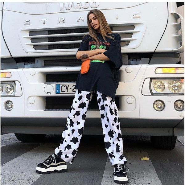 

fashion loose trousers cow womens pants pattern high waist casual wide leg girl student sports, Black;white