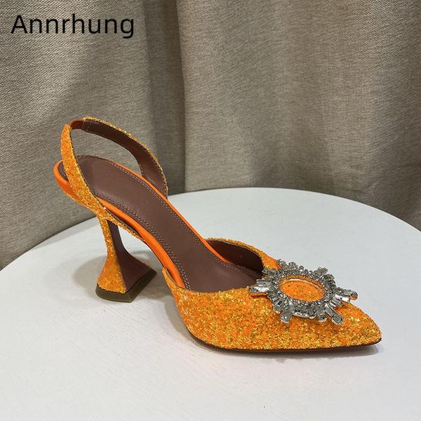 

dress shoes bling sequins high heel runway woman goblet pointed toe back straps crystal sunflower buckle summer sandals women, Black