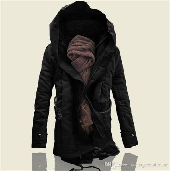 

Winter Plus Size Long Mens Coats Designer Solid Color Long Sleeve Hooded Mens Outerwears Fashion Cotton Loose Male Clothing, Black