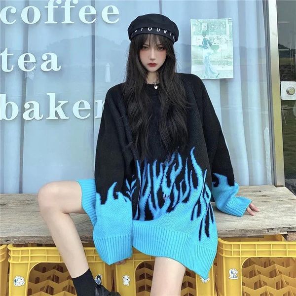 

women's sweaters dessy 2022 sweater female hip-hop style flame jacquard couple pullover knit loose men's, White;black
