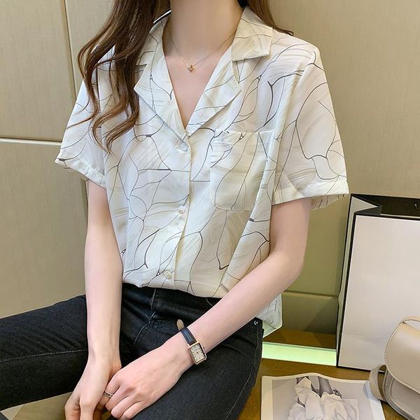 

women's blouses & shirts 2021fashion women short sleeve korean style blouse printing design suit collar casual ladies, White