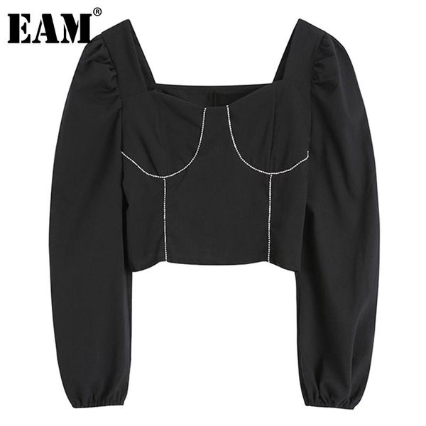 

women's blouses & shirts [eam] women black elegant blouse square collar long puff sleeve loose fit shirt fashion tide spring autumn 202, White