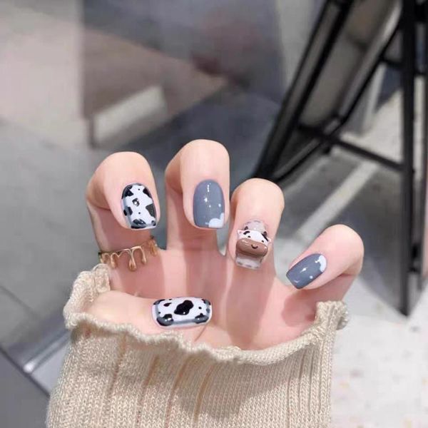 

nail gel 24pcs cow pattern coffin patch glue type removable short paragraph fashion manicure save time false nails, Red;pink