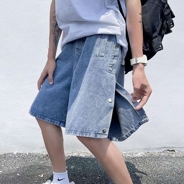 

men's shorts both side button casual fashion summer korean men knee length denim pants black/blue, White;black