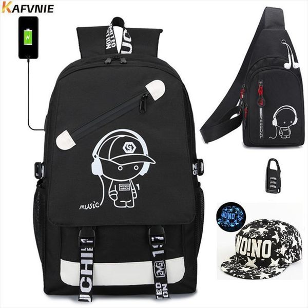 

4 in one anime luminous oxford school backpack 15.6 inch with chest pack cap anti theft lock students bags
