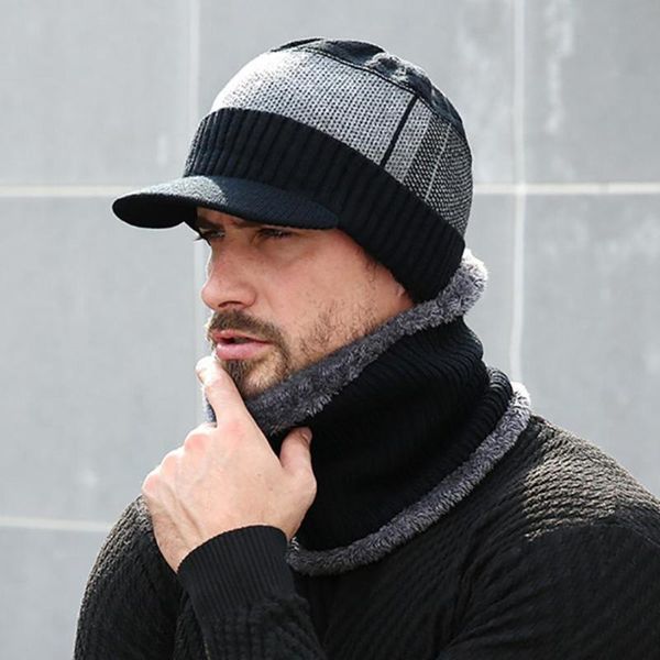 

wide brim hats 1 set knitted hat men winter beanie for high elastic woolen yarn cap scarf, Blue;gray