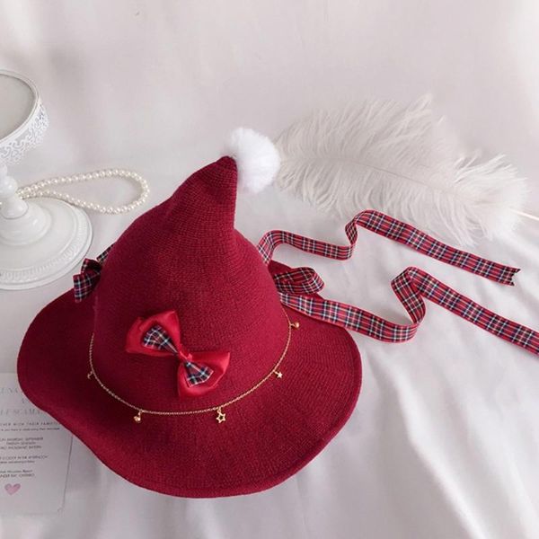 

party hats r7rc womens girls knitted lolita hat with faux fur pom lace bow ribbon warm knit
