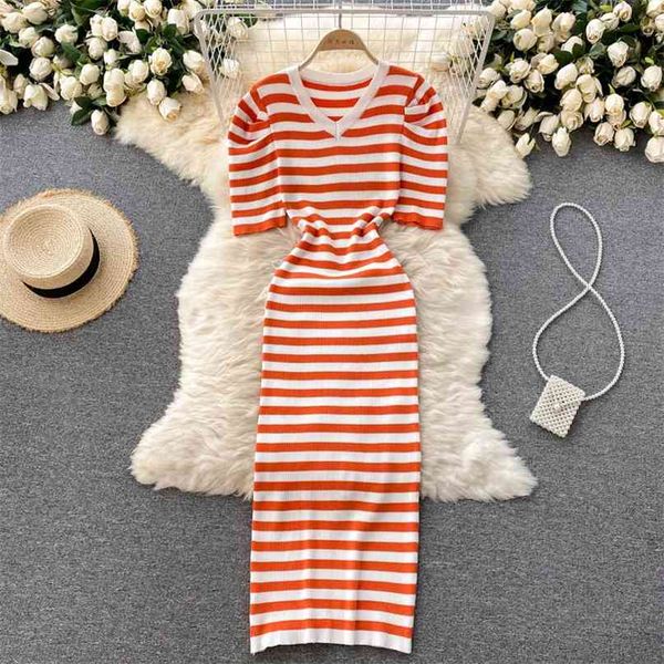 Vintage Striped Knit Dress Mulheres Summer Puff Manga Curta V-pescoço Longo Coreano Moda Slim Comprimento Do Ankle Casual Feminino 210603