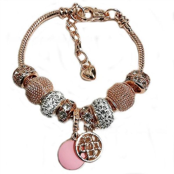 

rose gold gold rhinestone gold-plated round bead simple pink heart-shaped pendant lobster clasp bracelet popular, Golden;silver