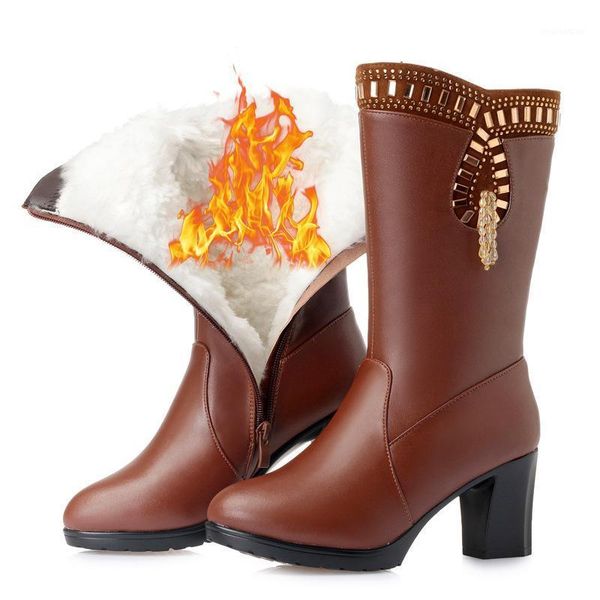 

boots 2021 winter rhinestone real leather thick with high-heels warm plush / wool snow plus size fashion in-tube1, Black