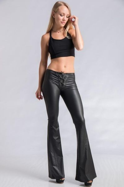 

women's pants & capris black elastic faux leather leggings flared design women pantalon femme, Black;white