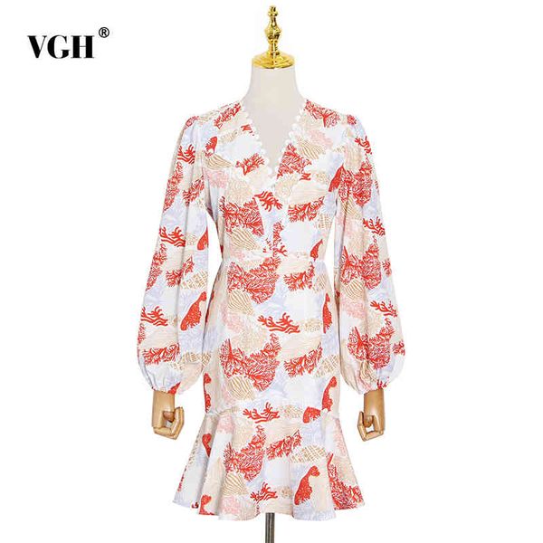 

vgh print dress for women v neck lantern long sleeve hit color slim a line bodycon mini dresses female autumn clothes tide 210421, Black;gray